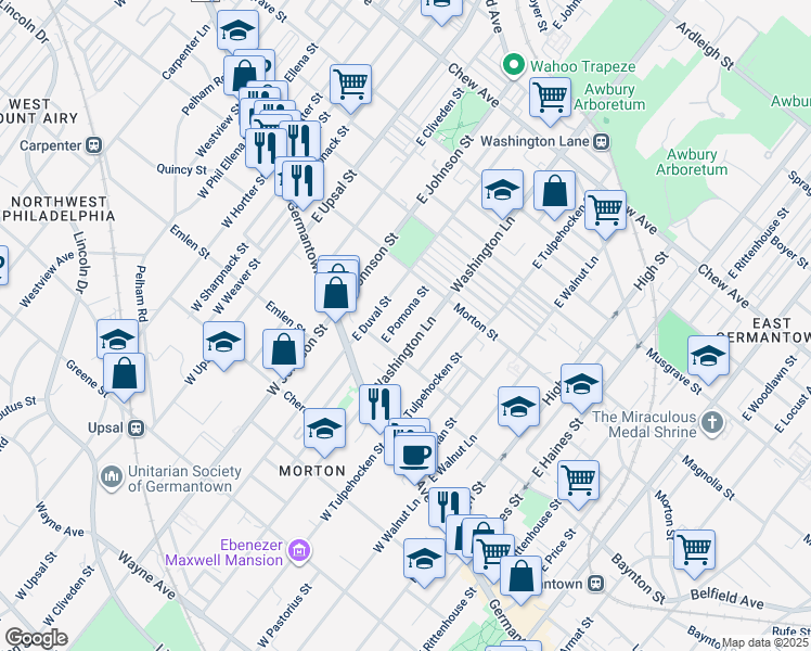 map of restaurants, bars, coffee shops, grocery stores, and more near 128 East Pomona Street in Philadelphia