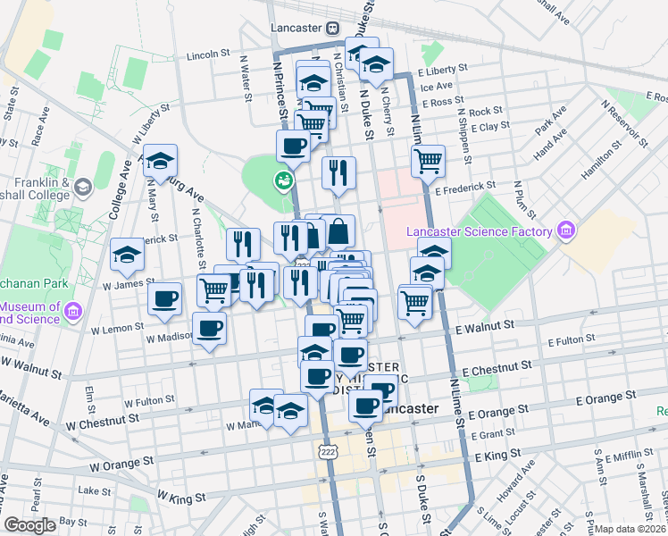 map of restaurants, bars, coffee shops, grocery stores, and more near 447 North Market Street in Lancaster