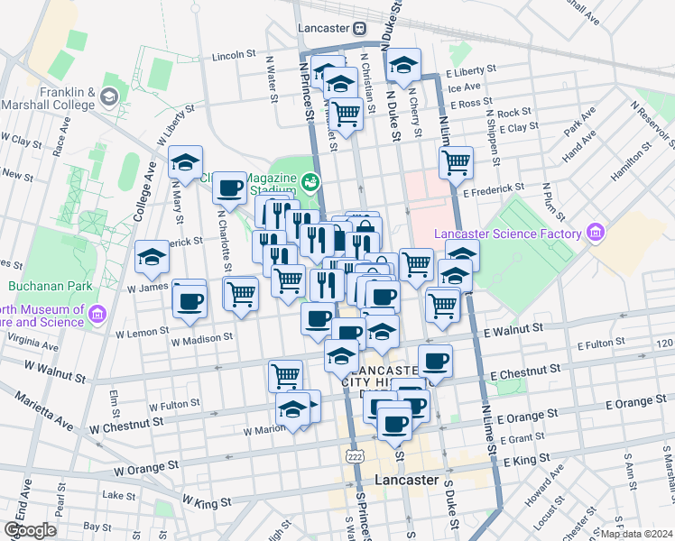 map of restaurants, bars, coffee shops, grocery stores, and more near 114 West James Street in Lancaster