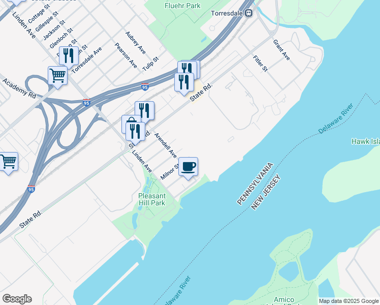 map of restaurants, bars, coffee shops, grocery stores, and more near 43203 Delaire Landing Road in Philadelphia