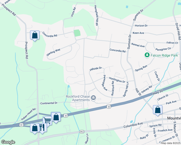map of restaurants, bars, coffee shops, grocery stores, and more near 479 Hillside Dr in Mountville