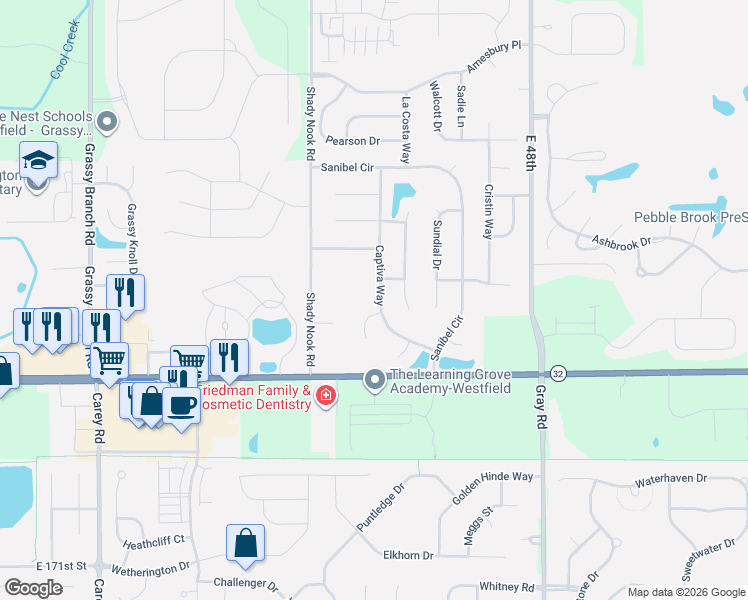 map of restaurants, bars, coffee shops, grocery stores, and more near 17768 Captiva Way in Noblesville