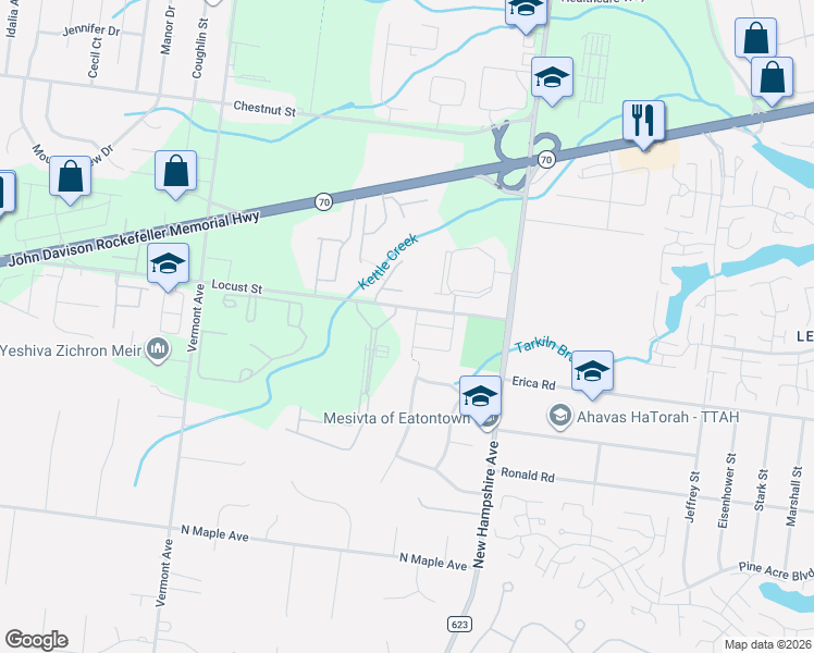 map of restaurants, bars, coffee shops, grocery stores, and more near 12 Vilna Lane in Lakewood