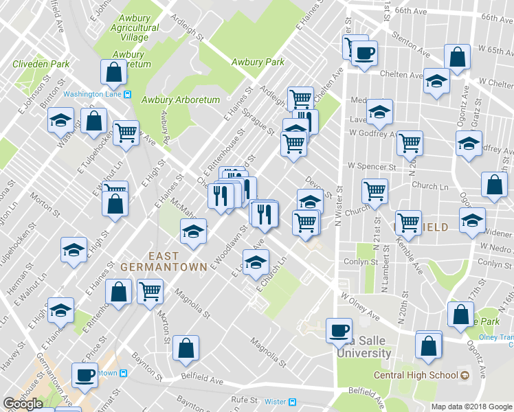 map of restaurants, bars, coffee shops, grocery stores, and more near 831 East Woodlawn Street in Philadelphia