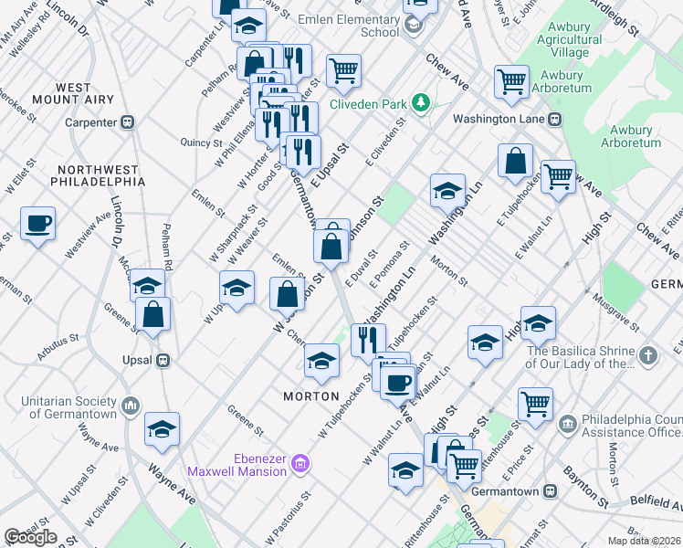 map of restaurants, bars, coffee shops, grocery stores, and more near 6365-69 Germantown Avenue in Philadelphia