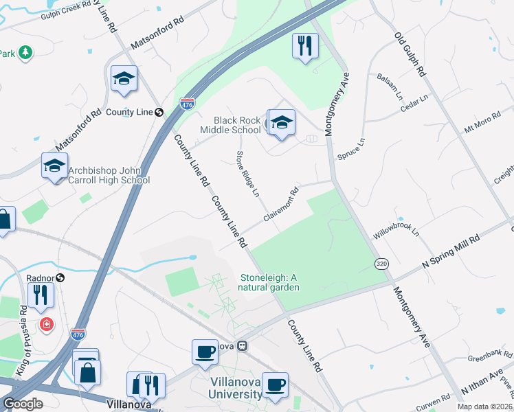 map of restaurants, bars, coffee shops, grocery stores, and more near 1914 Stone Ridge Lane in Villanova