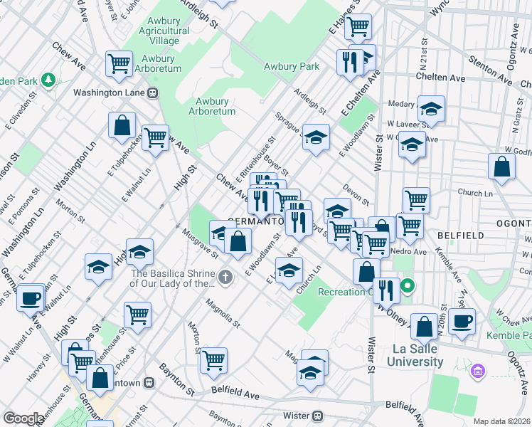 map of restaurants, bars, coffee shops, grocery stores, and more near 800 E Chelten Ave in Philadelphia