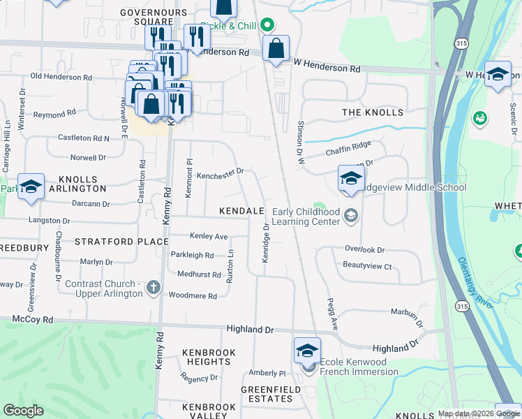 map of restaurants, bars, coffee shops, grocery stores, and more near 4233 Kenridge Drive in Columbus