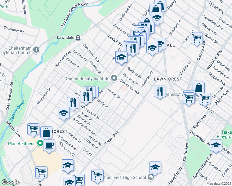 map of restaurants, bars, coffee shops, grocery stores, and more near 527 Benner Street in Philadelphia