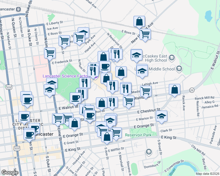 map of restaurants, bars, coffee shops, grocery stores, and more near 597 Lehigh Avenue in Lancaster