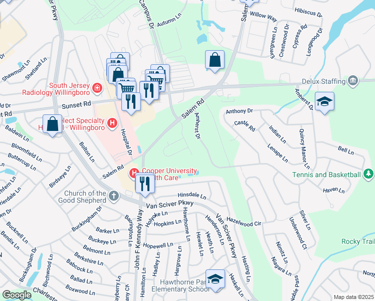 map of restaurants, bars, coffee shops, grocery stores, and more near 100 Peregrine Way in Burlington