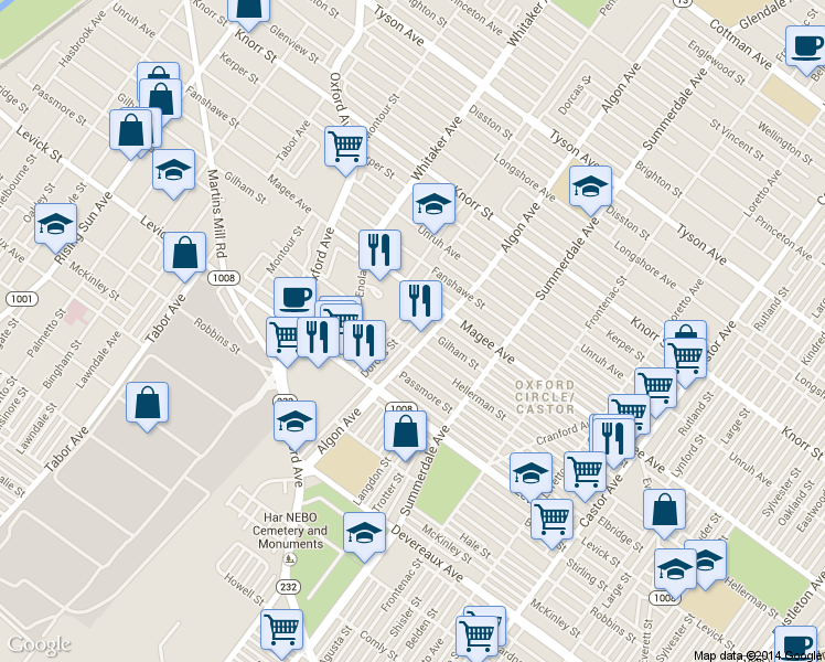 map of restaurants, bars, coffee shops, grocery stores, and more near 6511 Dorcas Street in Philadelphia