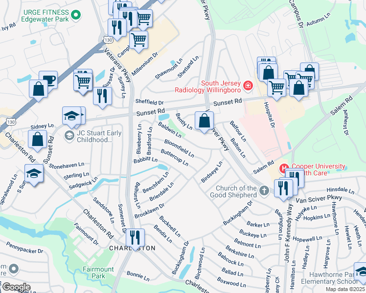 map of restaurants, bars, coffee shops, grocery stores, and more near 41 Bloomfield Lane in Willingboro