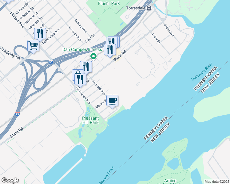 map of restaurants, bars, coffee shops, grocery stores, and more near 7000 Delaire Landing Road in Philadelphia