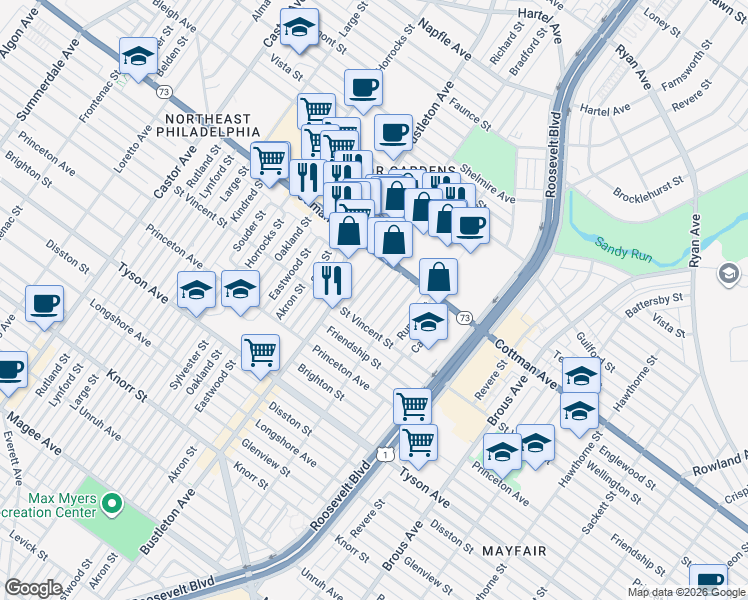 map of restaurants, bars, coffee shops, grocery stores, and more near 7239 Hanford Street in Philadelphia