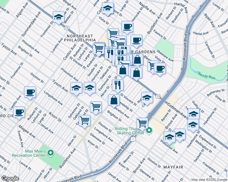 map of restaurants, bars, coffee shops, grocery stores, and more near 7155 Saul Street in Philadelphia