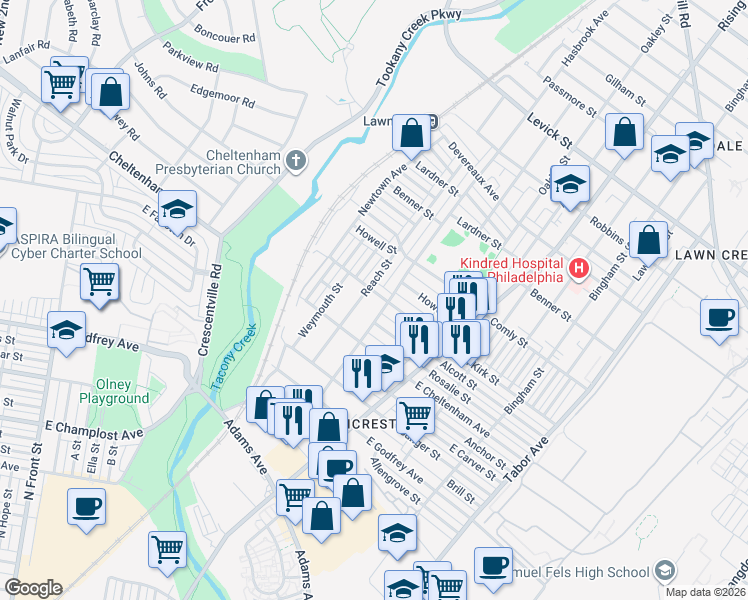 map of restaurants, bars, coffee shops, grocery stores, and more near 5826 Reach Street in Philadelphia