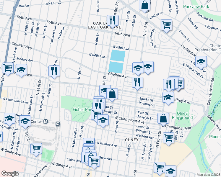 map of restaurants, bars, coffee shops, grocery stores, and more near 431 West Godfrey Avenue in Philadelphia