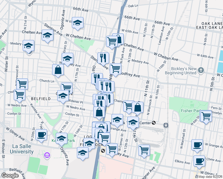map of restaurants, bars, coffee shops, grocery stores, and more near 1346 West Spencer Street in Philadelphia