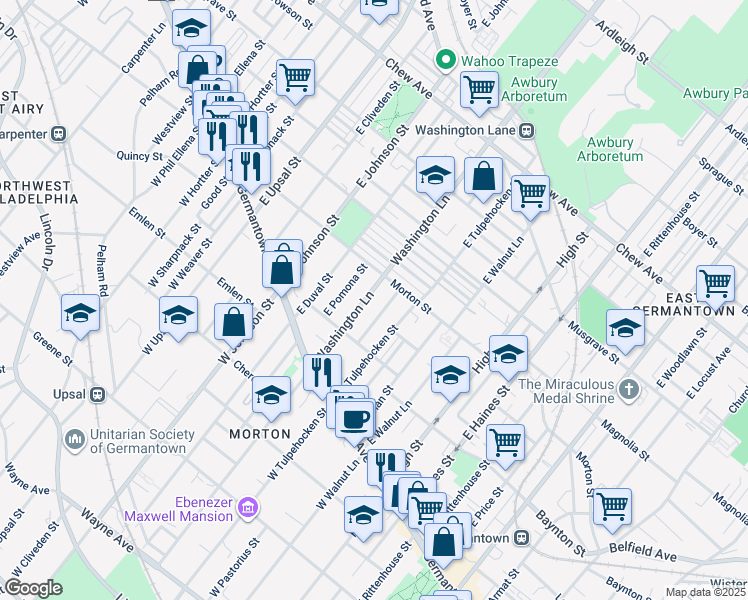 map of restaurants, bars, coffee shops, grocery stores, and more near 141 Washington Lane in Philadelphia