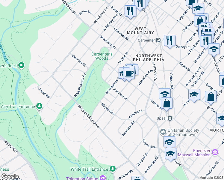 map of restaurants, bars, coffee shops, grocery stores, and more near 702 West Sedgwick Street in Philadelphia