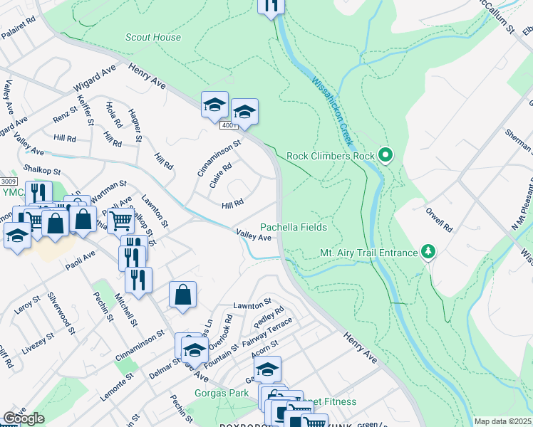 map of restaurants, bars, coffee shops, grocery stores, and more near 736 Livezey Lane in Philadelphia