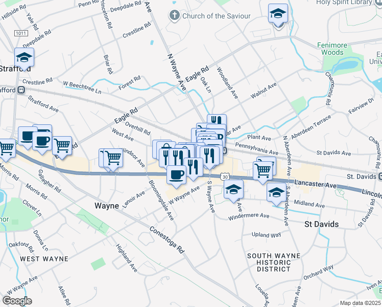 map of restaurants, bars, coffee shops, grocery stores, and more near 38 West Avenue in Wayne