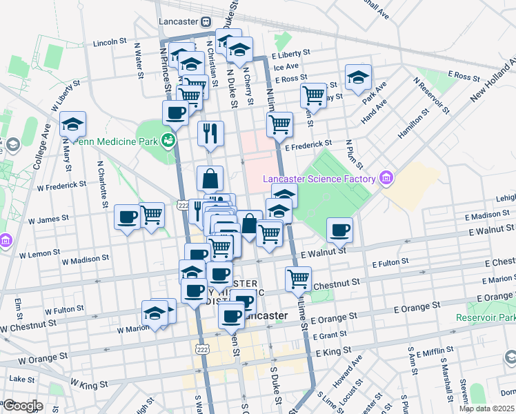map of restaurants, bars, coffee shops, grocery stores, and more near 430 North Duke Street in Lancaster