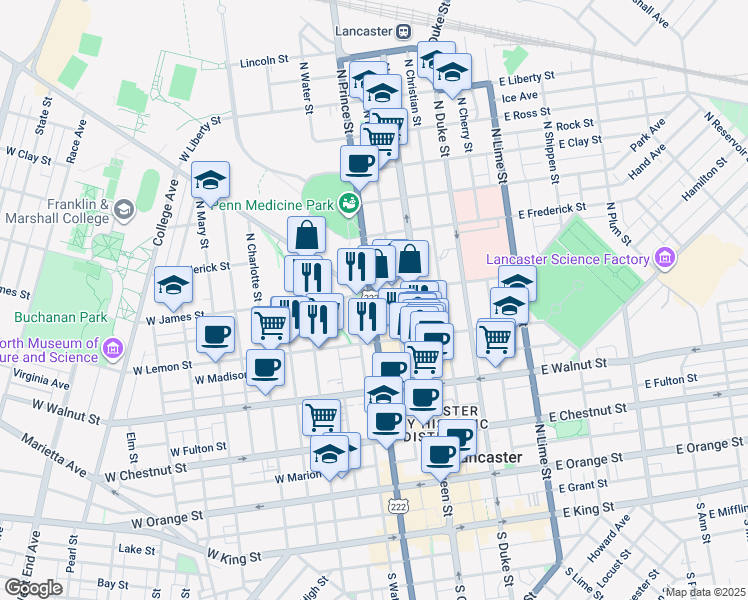 map of restaurants, bars, coffee shops, grocery stores, and more near 114 West James Street in Lancaster