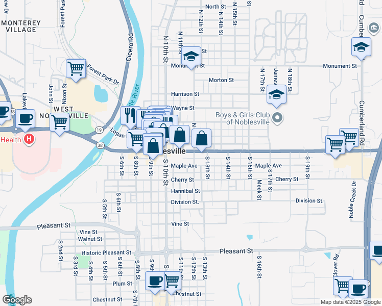 map of restaurants, bars, coffee shops, grocery stores, and more near 1195 Conner Street in Noblesville