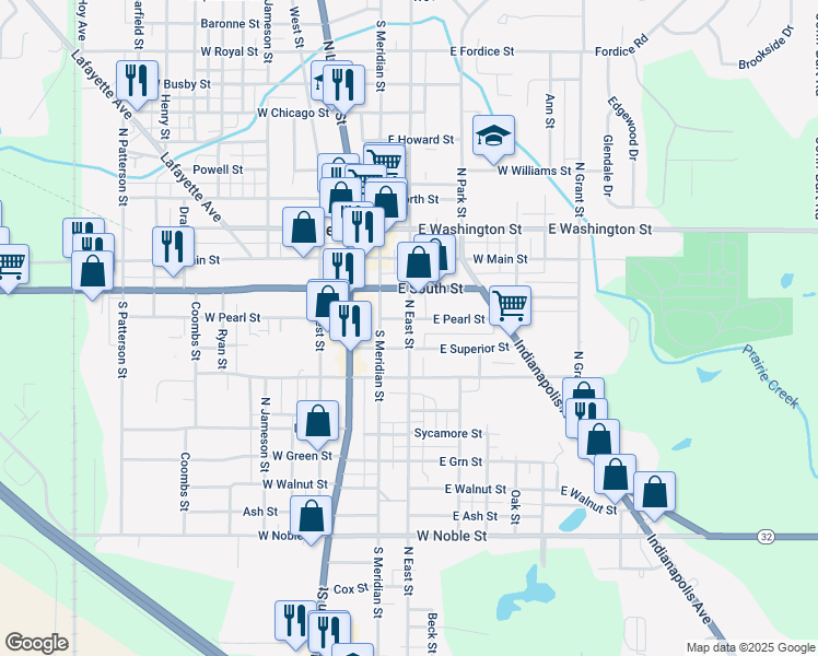 map of restaurants, bars, coffee shops, grocery stores, and more near 109 East Pearl Street in Lebanon