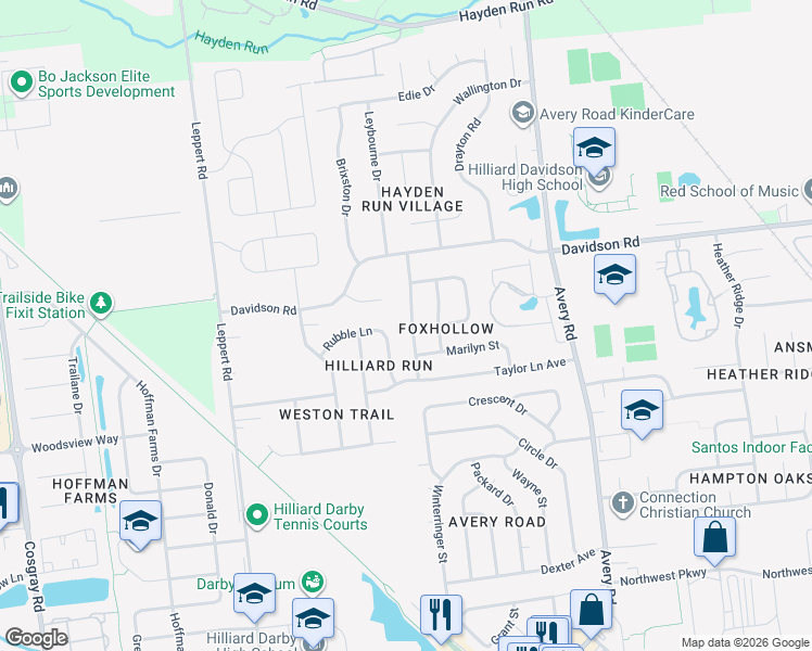map of restaurants, bars, coffee shops, grocery stores, and more near 4609 Stonehill Street in Hilliard