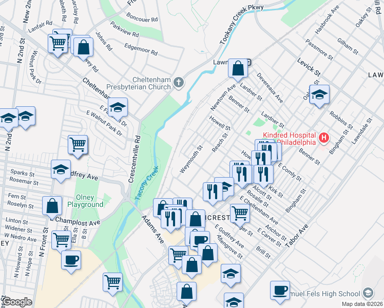 map of restaurants, bars, coffee shops, grocery stores, and more near 5810 Weymouth Street in Philadelphia