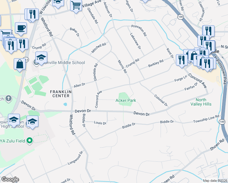 map of restaurants, bars, coffee shops, grocery stores, and more near 210 Concord Avenue in Exton