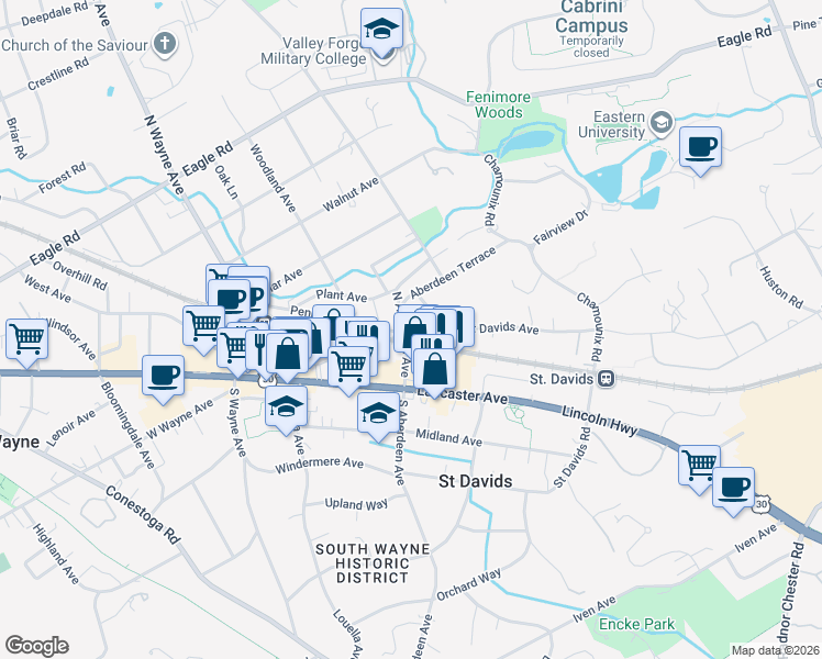 map of restaurants, bars, coffee shops, grocery stores, and more near 201-203 North Aberdeen Avenue in Wayne