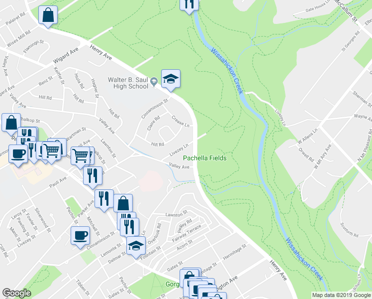 map of restaurants, bars, coffee shops, grocery stores, and more near 738 Livezey Lane in Philadelphia