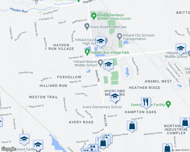 map of restaurants, bars, coffee shops, grocery stores, and more near 4600 Ava Point in Hilliard