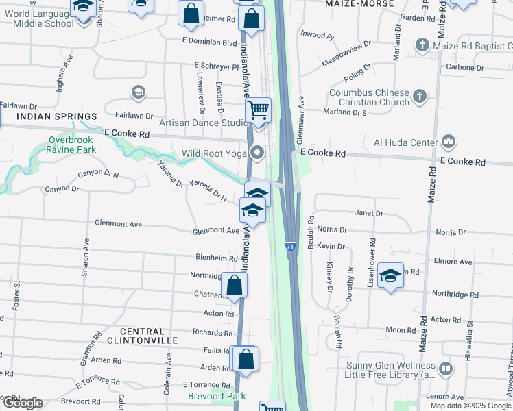 map of restaurants, bars, coffee shops, grocery stores, and more near 3972 Indianola Avenue in Columbus