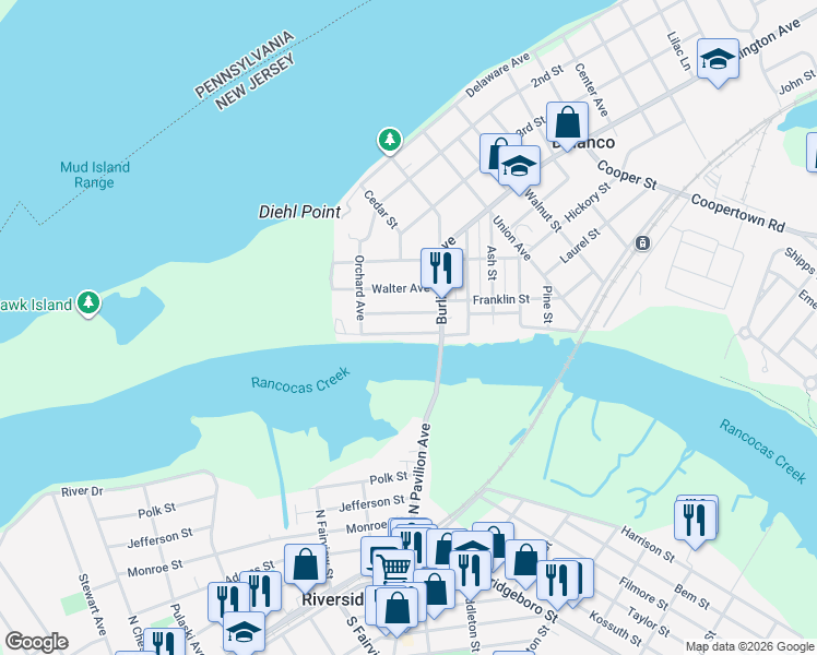 map of restaurants, bars, coffee shops, grocery stores, and more near 302 Rancocas Avenue in Delanco