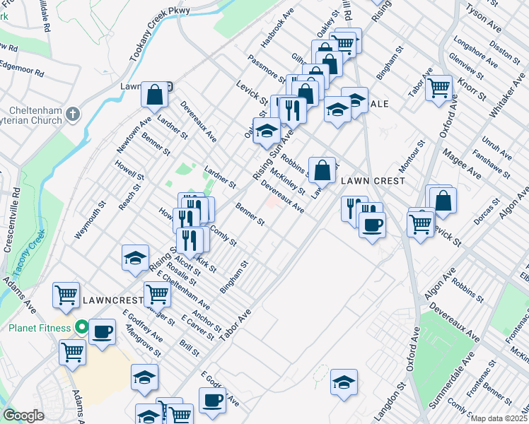 map of restaurants, bars, coffee shops, grocery stores, and more near 6119 Palmetto St in Philadelphia