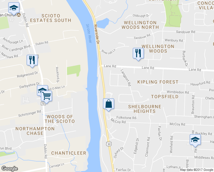 map of restaurants, bars, coffee shops, grocery stores, and more near 4515 Helston Court in Columbus