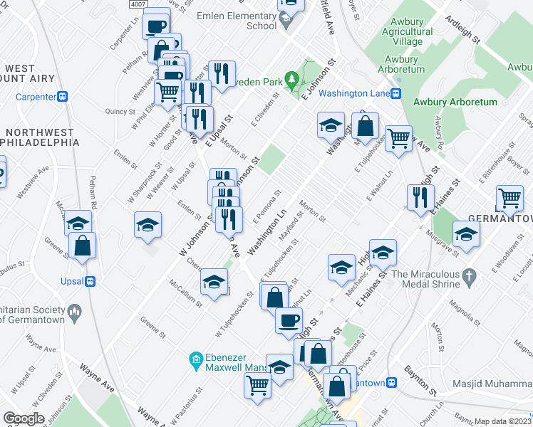 map of restaurants, bars, coffee shops, grocery stores, and more near 128 East Pomona Street in Philadelphia