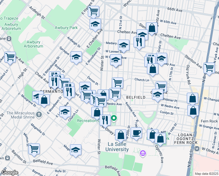 map of restaurants, bars, coffee shops, grocery stores, and more near 2141 Church Lane in Philadelphia