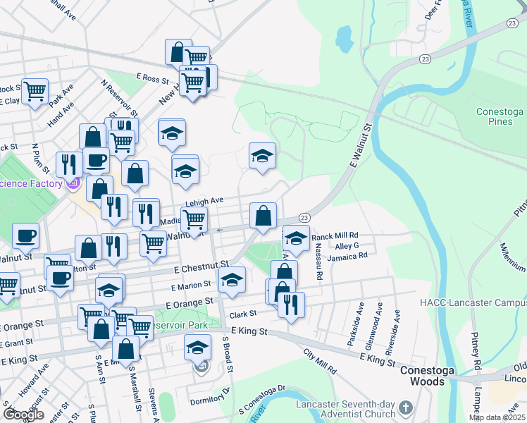 map of restaurants, bars, coffee shops, grocery stores, and more near 1229 Grofftown Road in Lancaster