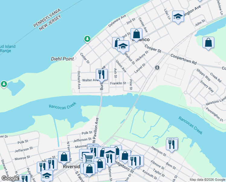 map of restaurants, bars, coffee shops, grocery stores, and more near 200 Ash Street in Delanco