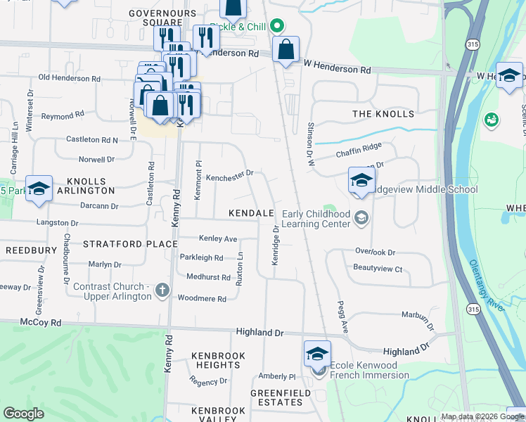 map of restaurants, bars, coffee shops, grocery stores, and more near 4233 Kenridge Drive in Columbus