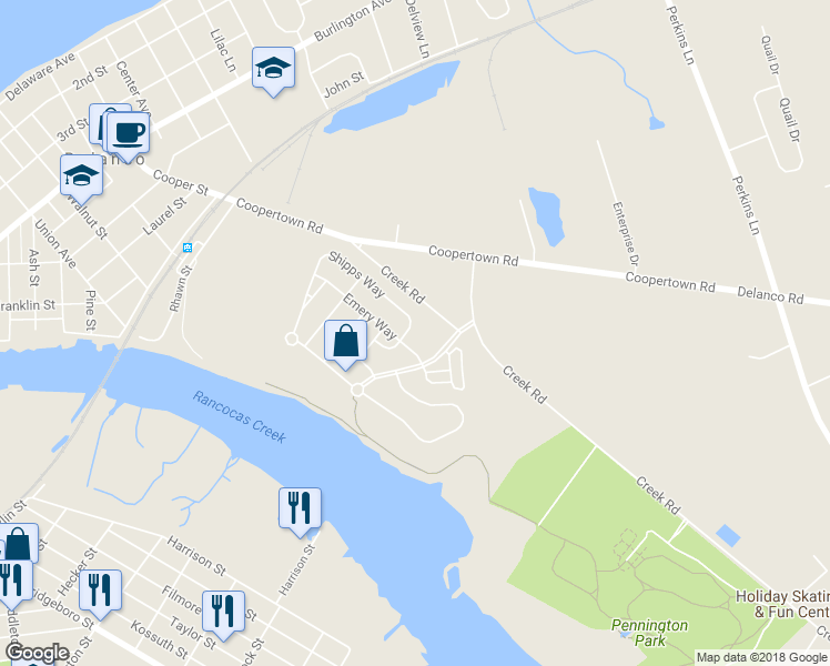map of restaurants, bars, coffee shops, grocery stores, and more near 5 Shipps Way in Delanco