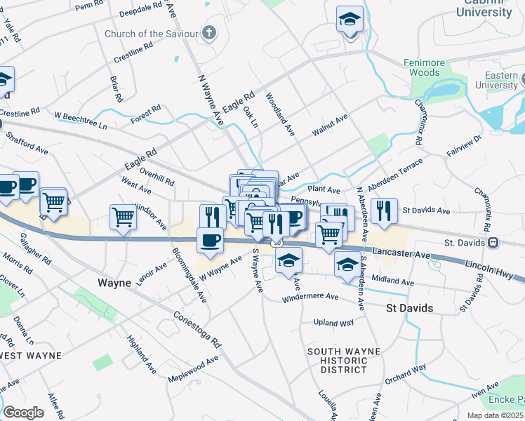 map of restaurants, bars, coffee shops, grocery stores, and more near 2 Station Road in Wayne