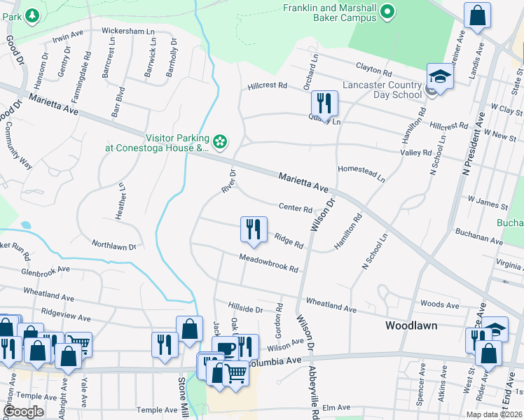 map of restaurants, bars, coffee shops, grocery stores, and more near 1506 Center Road in Lancaster