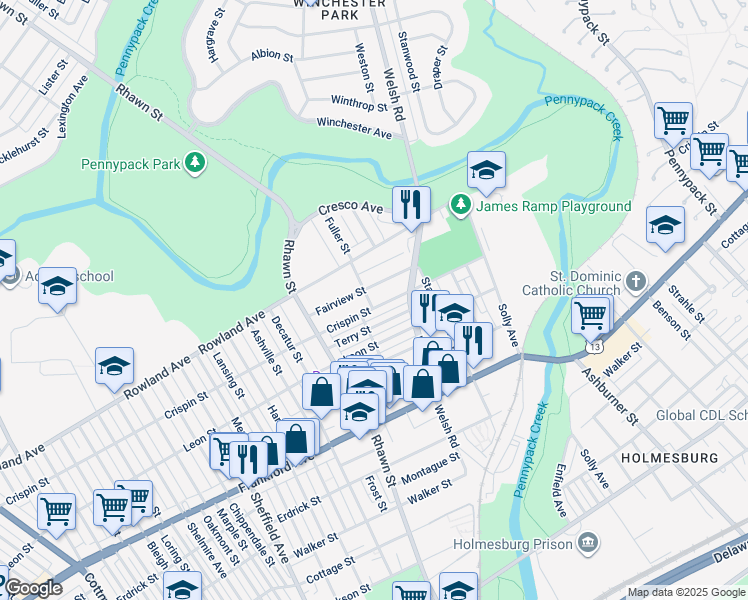map of restaurants, bars, coffee shops, grocery stores, and more near 3327 Fuller Street in Philadelphia